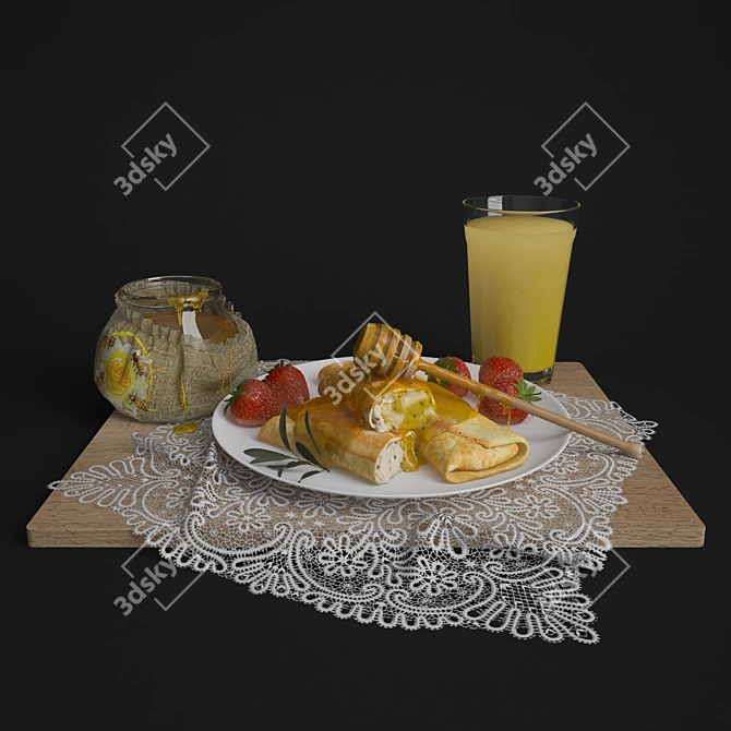 Mornings Made Perfect: Honey, Strawberry, and Plate Breakfast 3D model image 1