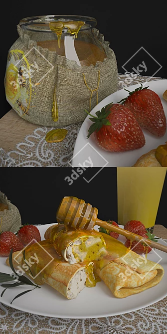 Mornings Made Perfect: Honey, Strawberry, and Plate Breakfast 3D model image 2