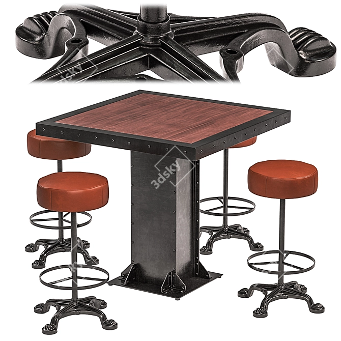 Vintage Industrial Lions Foot Bar Stool & Evoke Square Dining Table 3D model image 1