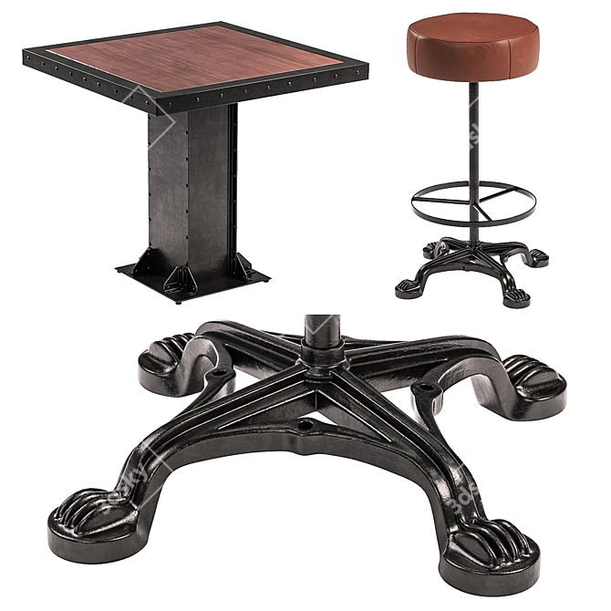 Vintage Industrial Lions Foot Bar Stool & Evoke Square Dining Table 3D model image 2