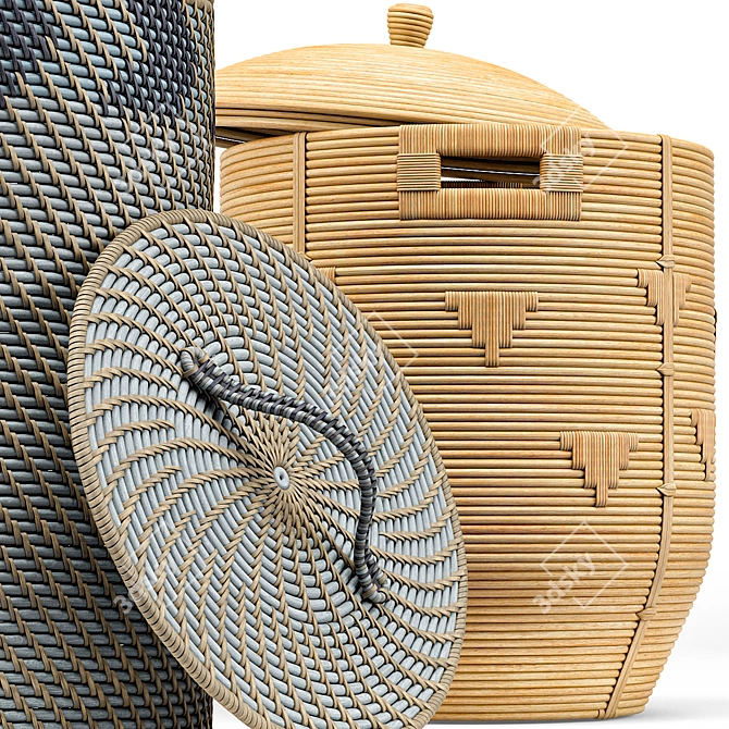 Coastal Chevron Rattan Storage Basket 3D model image 2