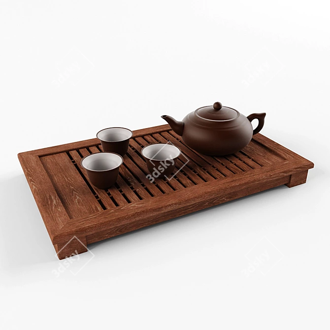 Rustic Tea Set: Ceramic Pot & Cups 3D model image 1