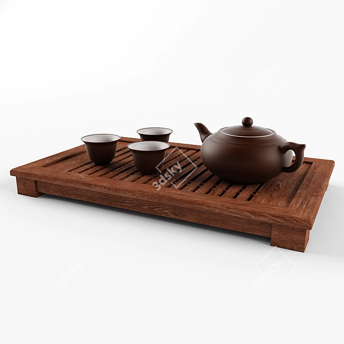 Rustic Tea Set: Ceramic Pot & Cups 3D model image 2