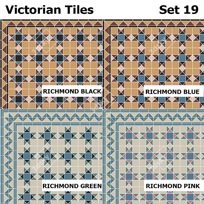 Victorian Tiles Set: Richmond Black, Blue, Green, Pink 3D model image 1