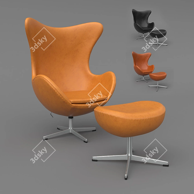 Title: Arne Jacobsen Leather Egg Chair & Ottoman 3D model image 1