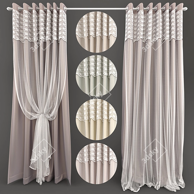 Elegant Lace Curtains with Grommets 3D model image 1