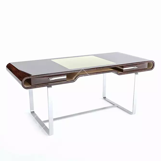 Elegant Shanghai Desk: Ziricotte Wood, Leather Top & Silver Patined Leg 3D model image 2