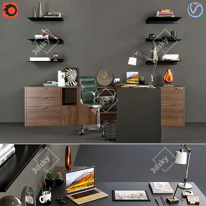 Modern Office Desk with Book, Plant, Macbook and More 3D model image 1