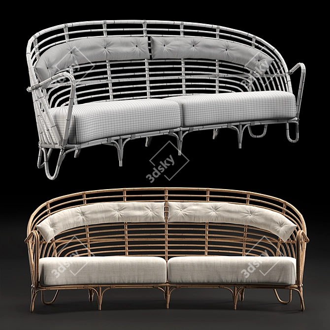 Danish Curved Rattan Sofa: Timeless Elegance & Comfort 3D model image 3