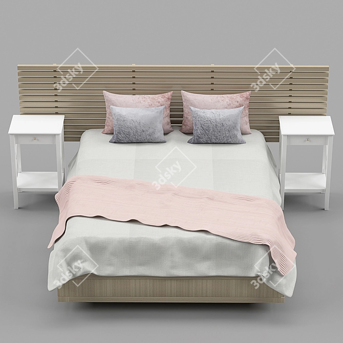 Elegant White Lacquered Wooden Bed 3D model image 2