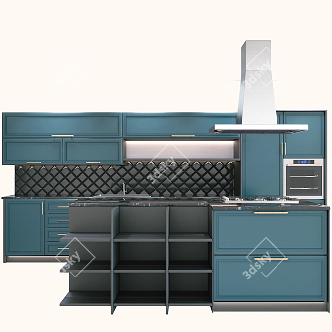 Sleek Blue and Black Modern Kitchen 3D model image 1