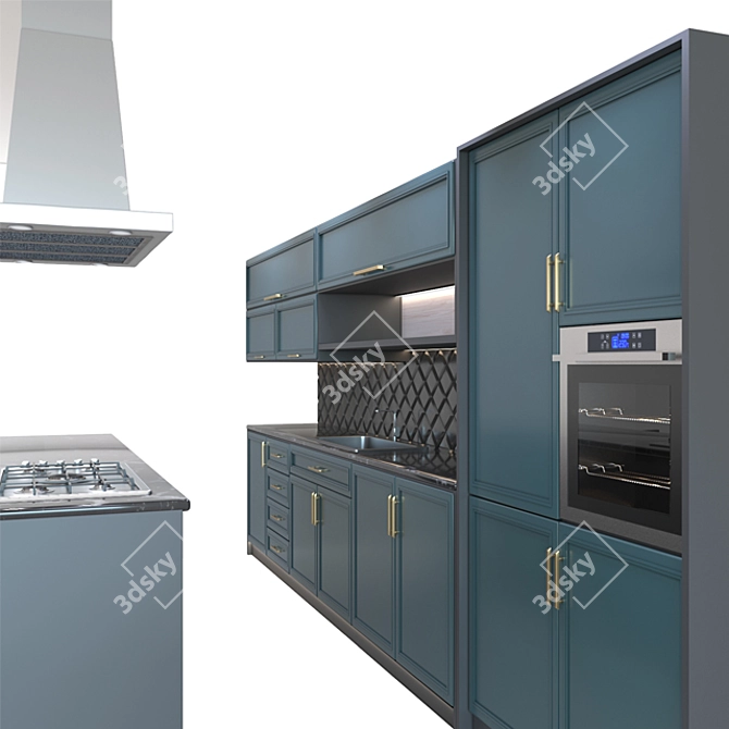 Sleek Blue and Black Modern Kitchen 3D model image 2