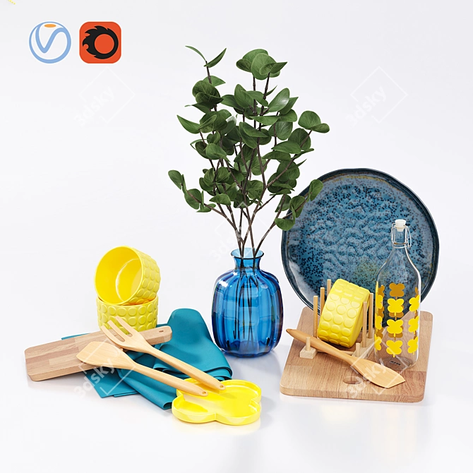 IKEA Summer Set: Artificial Leaf, Serving Dish, Plate Holder, Chopping Boards, Cutlery, Table Runner, Bowl, Dessert 3D model image 1