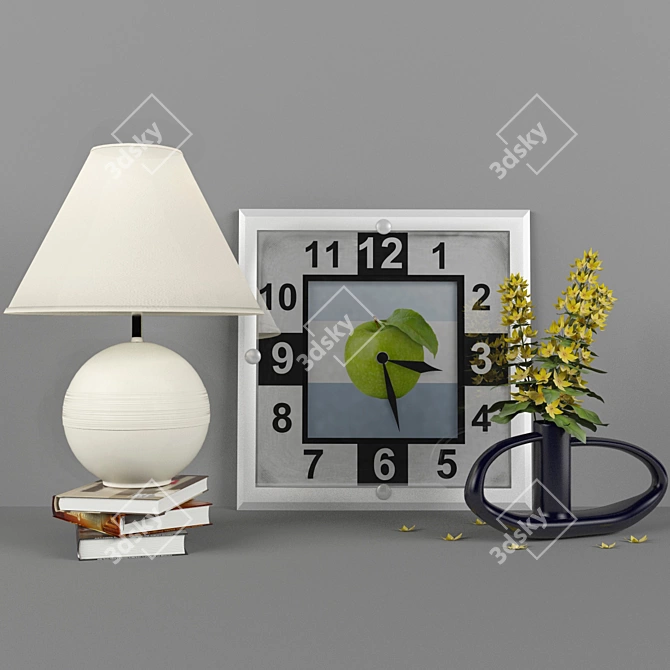 Elegant Decor Set: Lamp, Books, Clock, Vase 3D model image 1