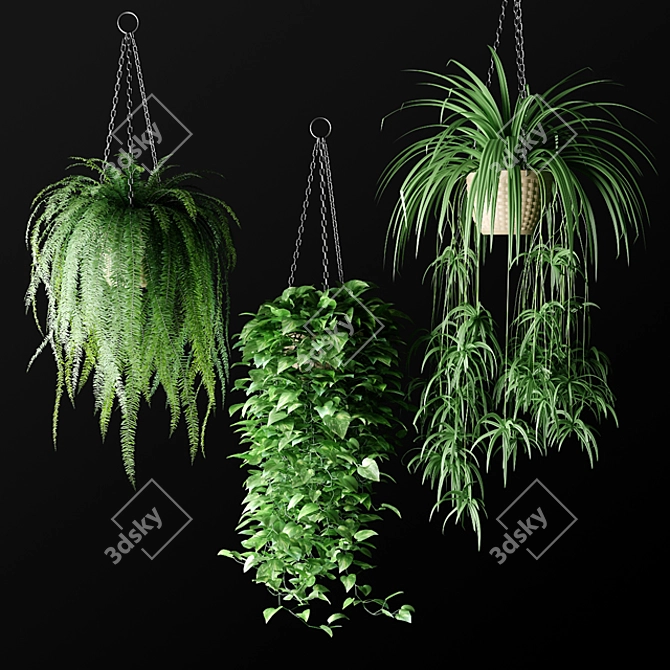 Natural Charm: Hanging Wicker Planter with Lush Plants 3D model image 1