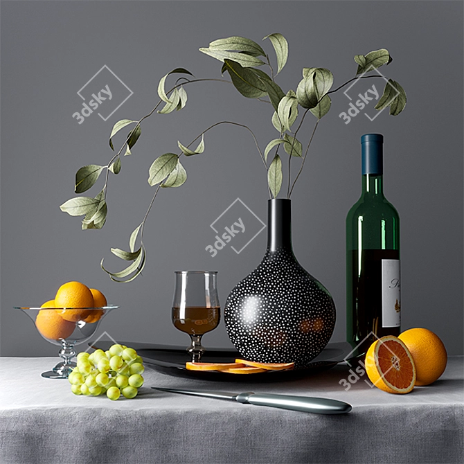 Luxe Still Life: Fruits, Dishes & Cognac 3D model image 1