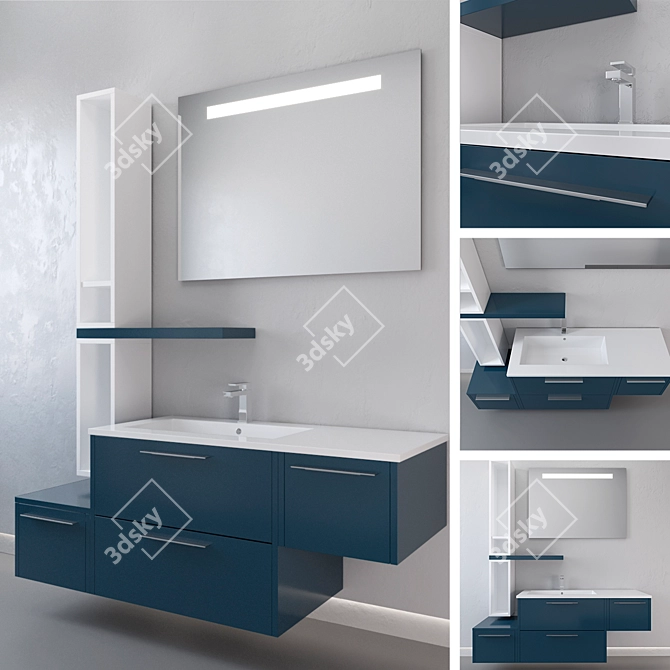 Ocean Lacquered Whitewashed Planked Vanity Set 3D model image 1