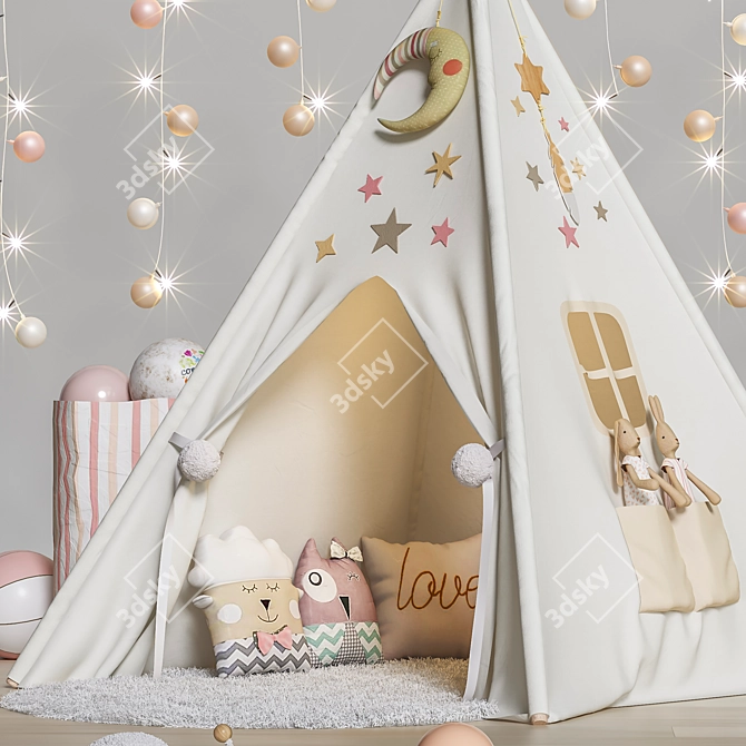 Teepee Tent, Bunny Toys & Decor Set 3D model image 2