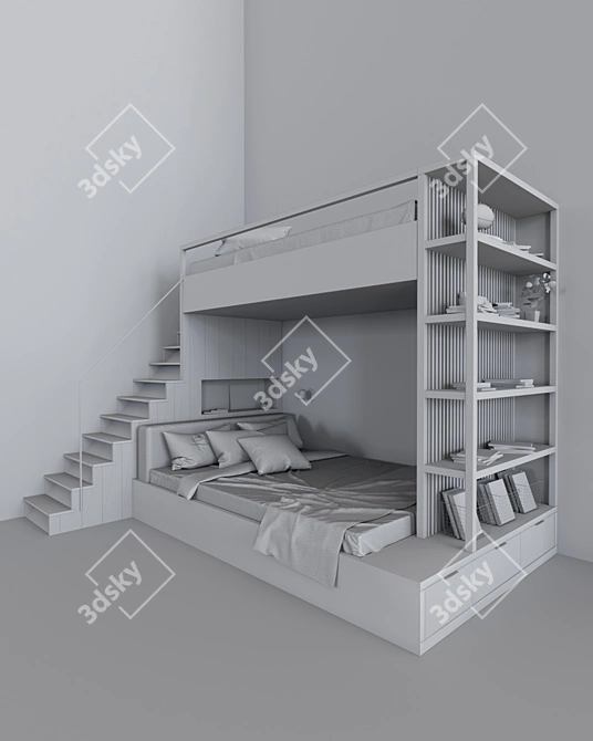 Double Decker Bunk Bed with Bookshelves 3D model image 5