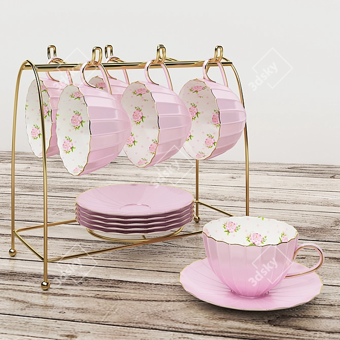 Golden Floral Tea Set 3D model image 1