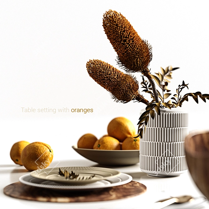 Oranges and Dry Plants Table Setting 3D model image 1