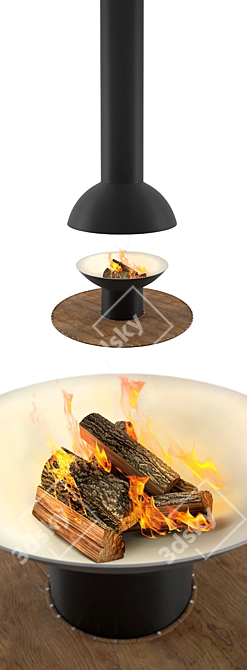 Round Wood-burning Fireplace with Wooden Deck 3D model image 2