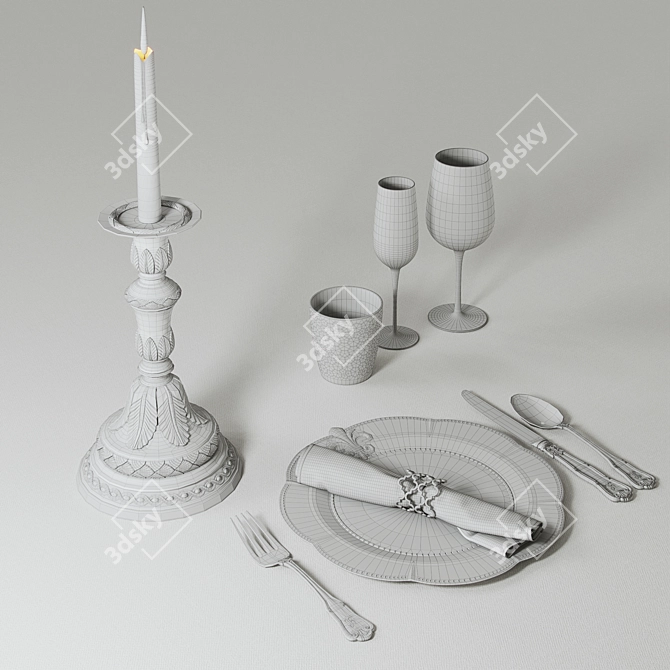 Elegant Table Setting with Candlestick 3D model image 5