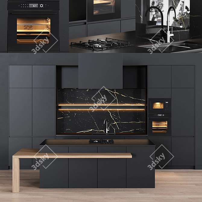 Sleek Black Kitchen Design 3D model image 4