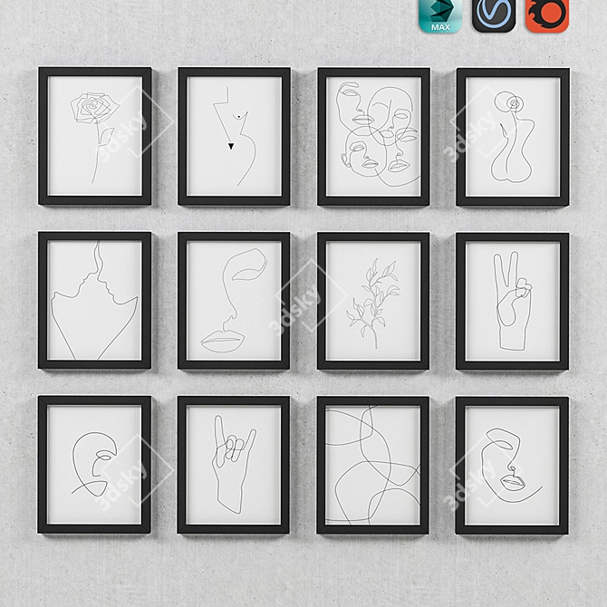 Title: Expressive Line Art Framed Set 3D model image 1