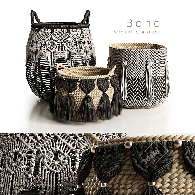 Boho-Style Wicker Planters 3D model image 5