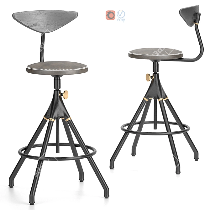 Industrial Oak Counter Stool 3D model image 1