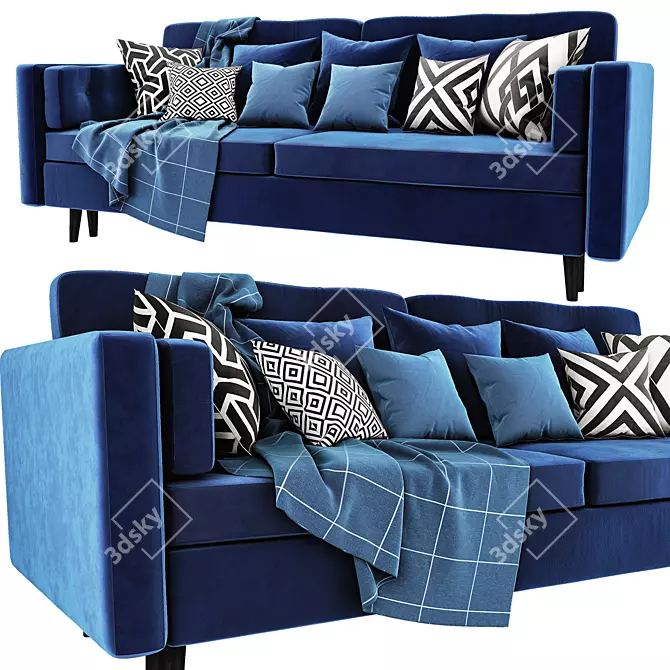 Stylish Blue Velour Sofa 3D model image 2