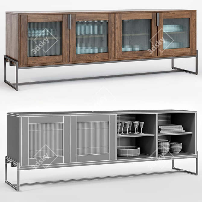 Modern Fluted Glass Walnut Cabinet 3D model image 5