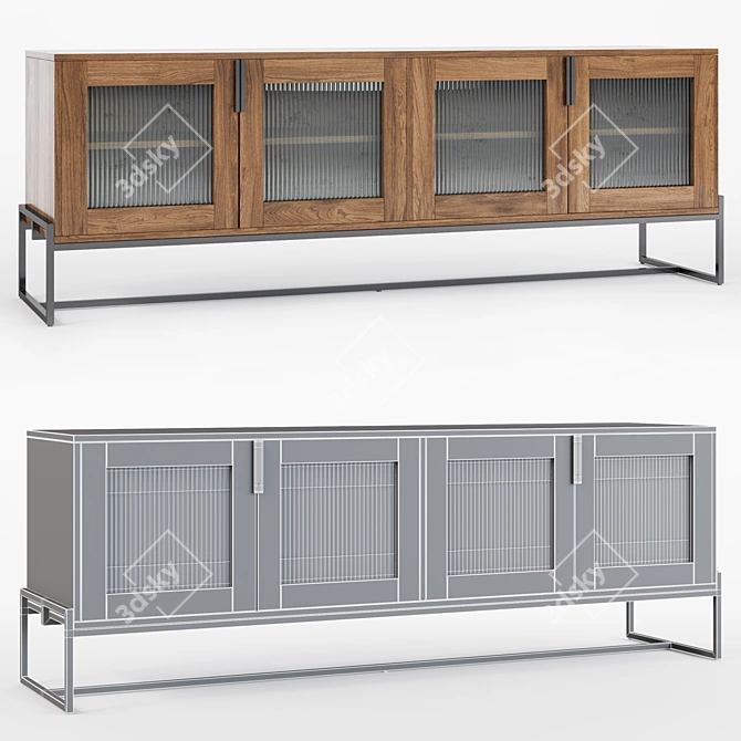 Modern Fluted Glass Walnut Cabinet 3D model image 9