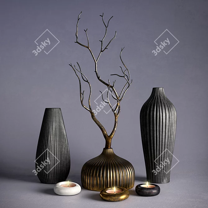 Elegant Vases & Branch Décor 3D model image 1