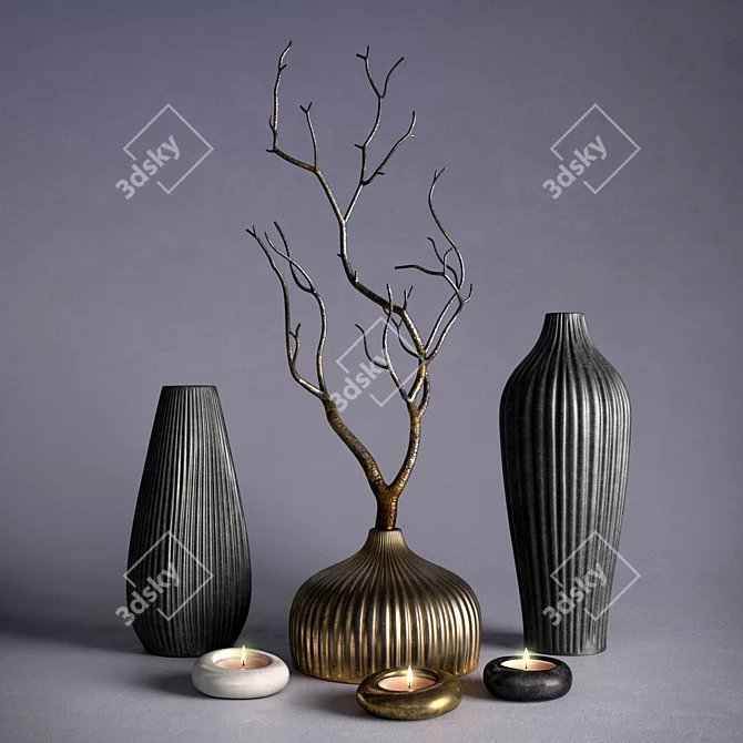 Elegant Vases & Branch Décor 3D model image 6