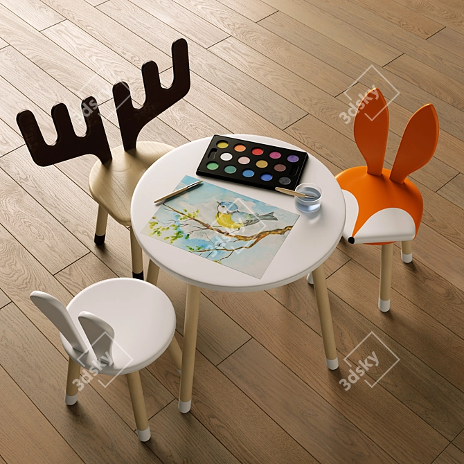 Cute Animal Children's Chairs and Table 3D model image 2