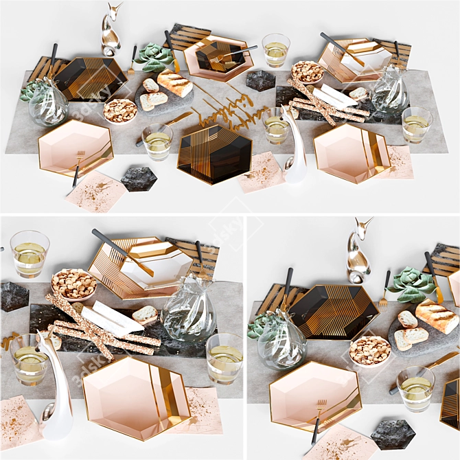 Elegant Table Setting: Crockery, Cutlery, Baguette, Wine 3D model image 2