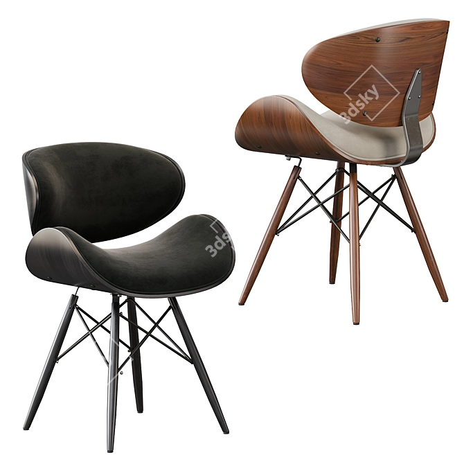 Modern Walnut and Black Leather Chair 3D model image 1