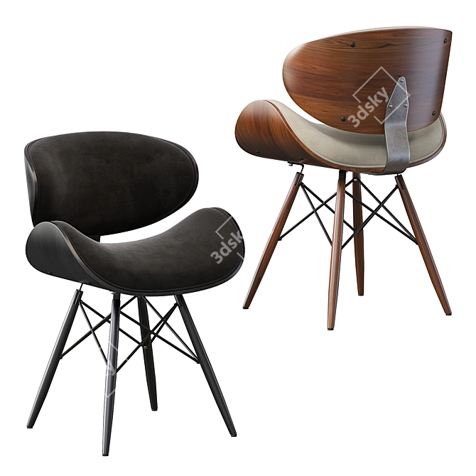 Modern Walnut and Black Leather Chair 3D model image 5