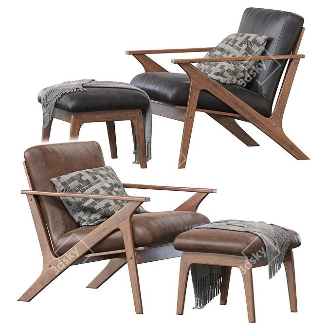Mid-Century Lounge Chair + Ottoman: Walnut & Faux Leather 3D model image 1