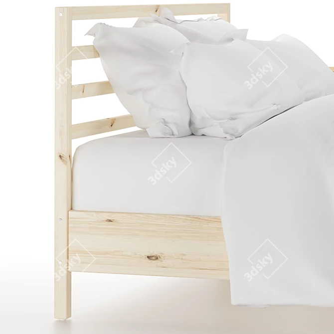 Scandinavian Pine Bed Frame & Bamboo Bedside Table 3D model image 2