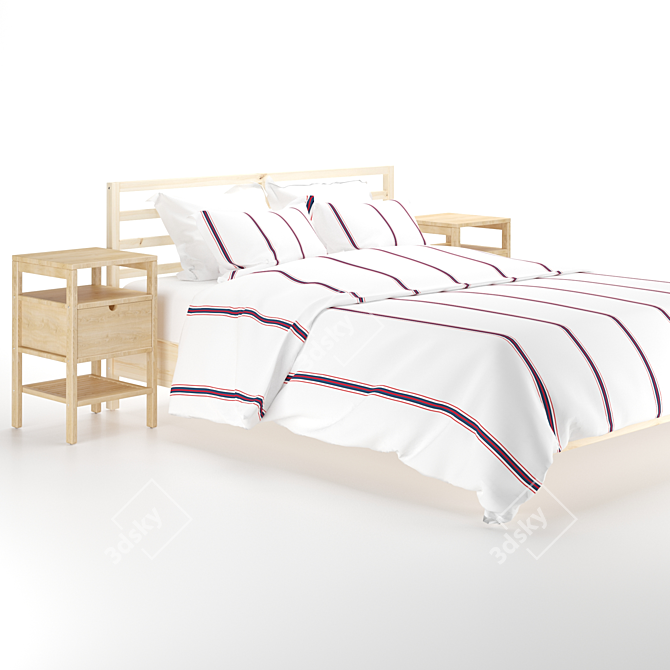 Scandinavian Pine Bed Frame & Bamboo Bedside Table 3D model image 10