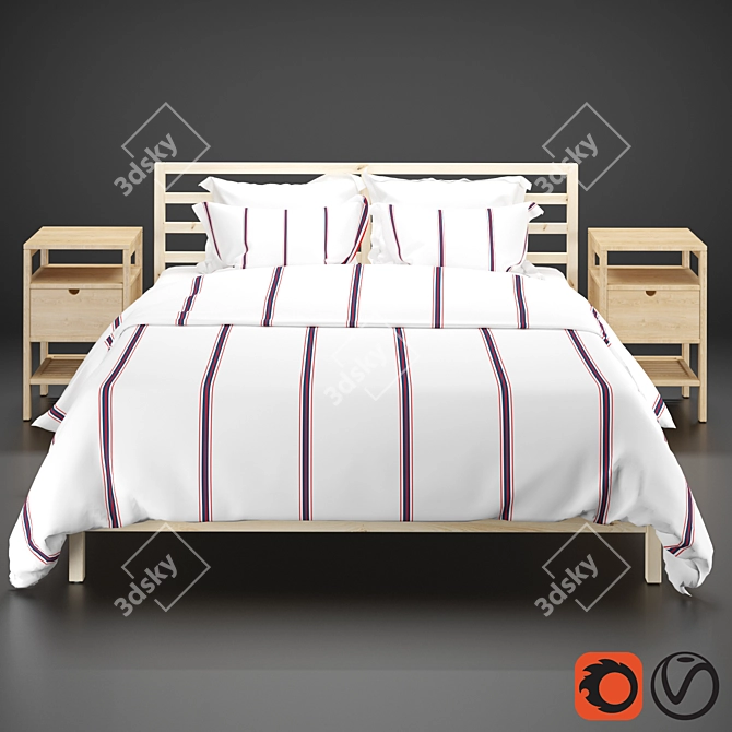 Scandinavian Pine Bed Frame & Bamboo Bedside Table 3D model image 15