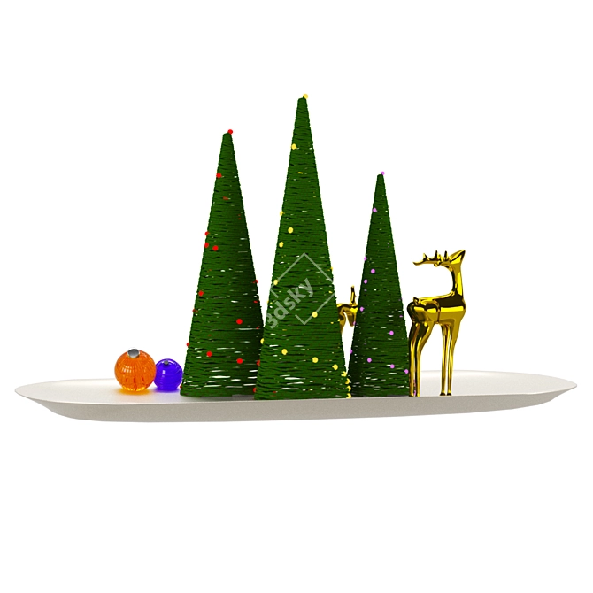 Christmas Harmony: Tree, Deer Figurine, Glass Toy, Balls, Plate 3D model image 2