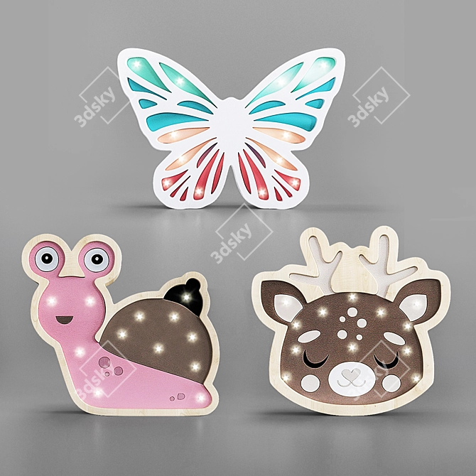 Wooden Animal Nightlights: Butterfly, Snail, Fawn 3D model image 1