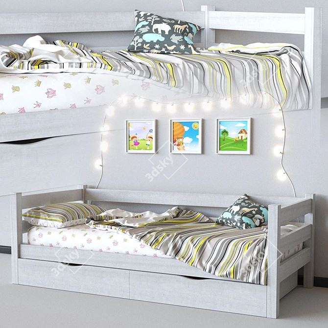 Sunshine Children's Bed with Back Guard and Drawers 3D model image 1