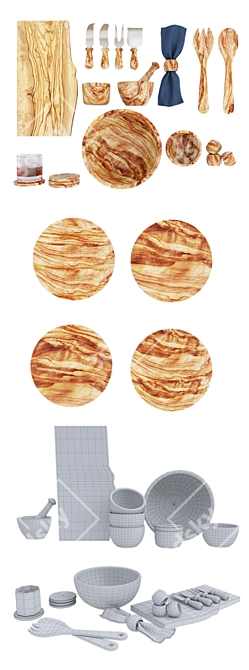 Modern Rustic Olive Wood Serveware 3D model image 8