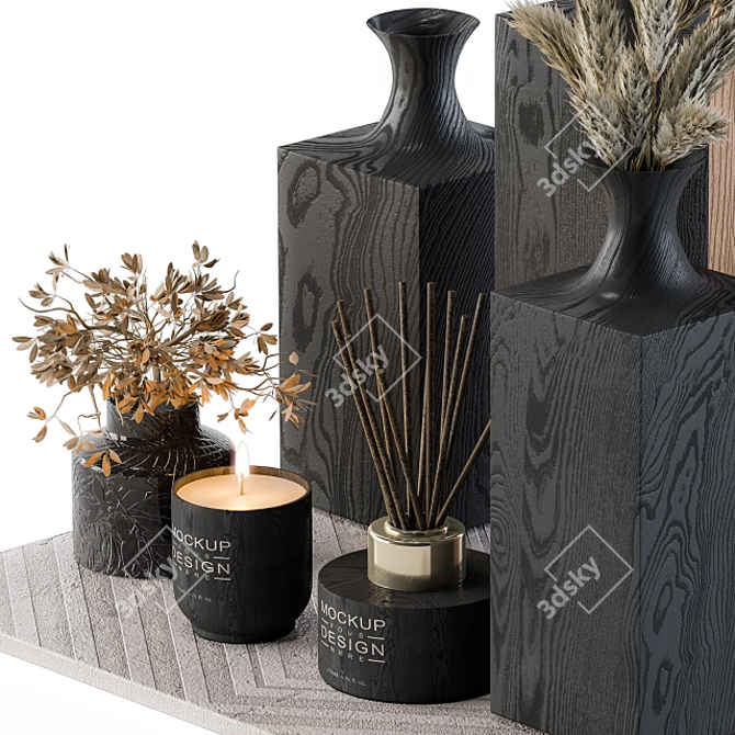 Rustic Wood Vases with Dried Plants 3D model image 4