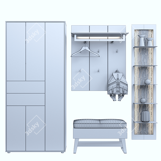 Rustic Oak & Metal Hallway Organizer 3D model image 3